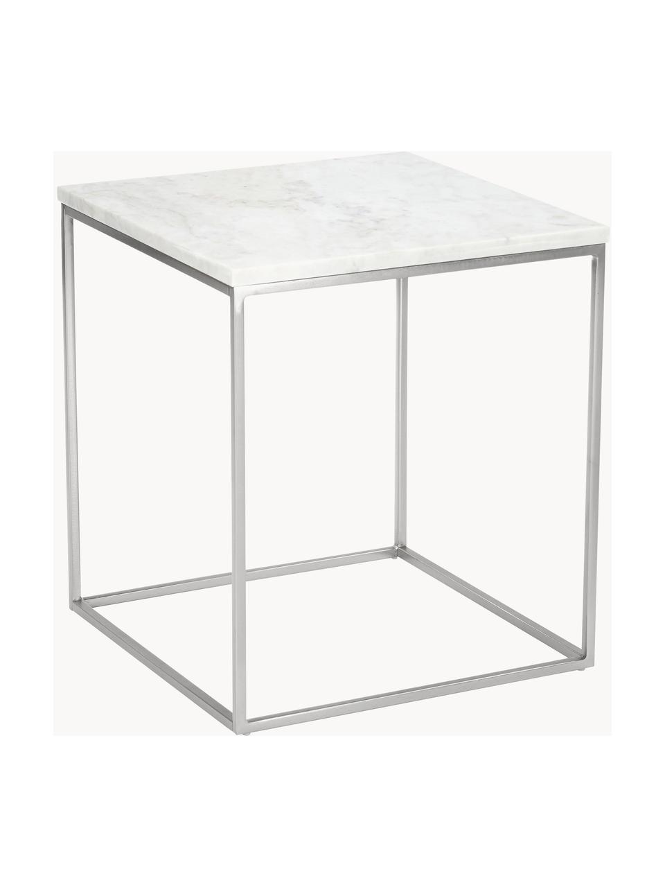 Mramorový odkládací stolek Alys, Bílá mramorovaná, stříbrná, Š 45 cm, V 50 cm
