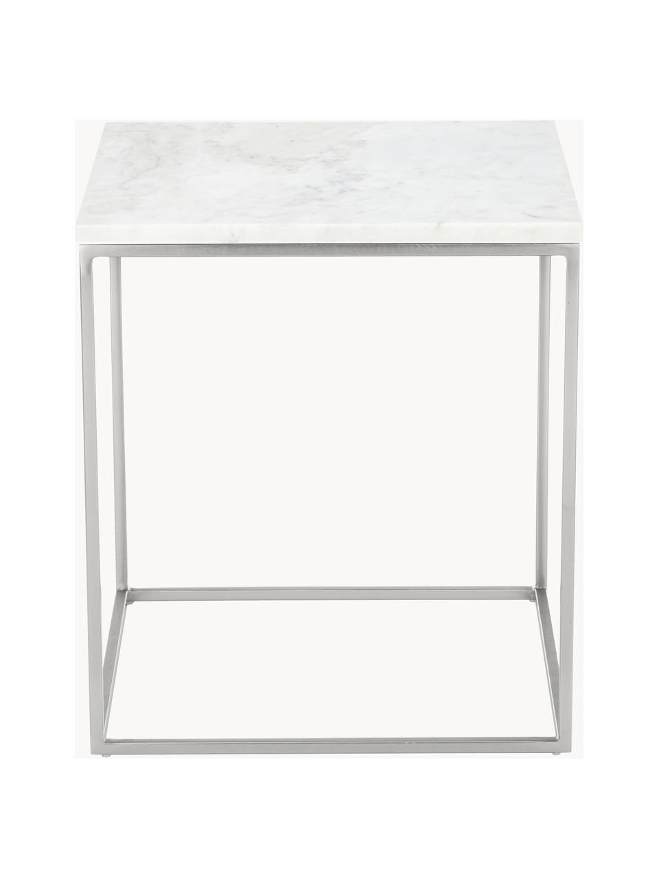 Tavolino con piano in marmo Alys, Struttura: metallo verniciato a polv, Bianco marmorizzato, argentato, Larg. 45 x Alt. 50 cm