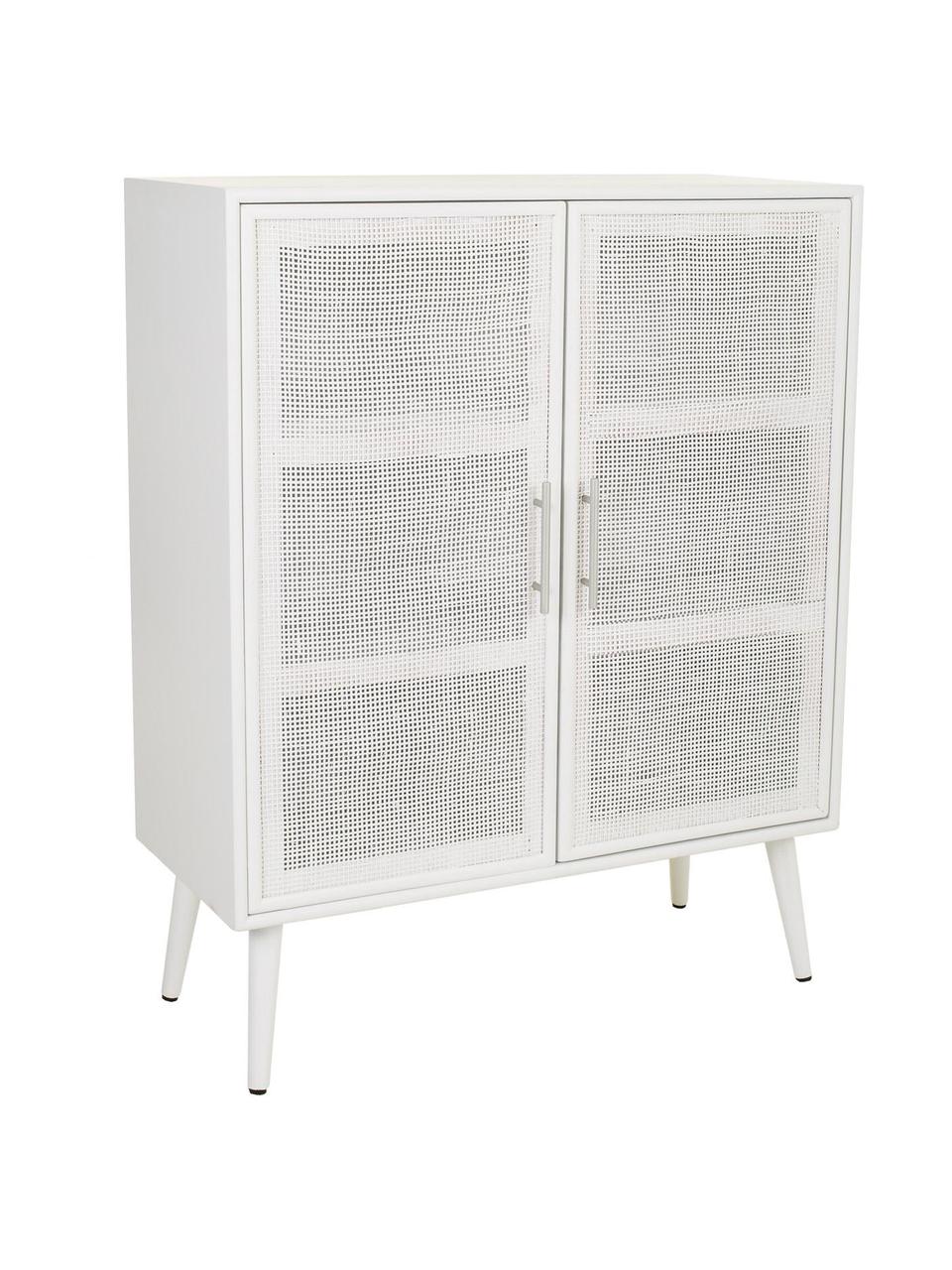Credenza alta in legno Cayetana, Maniglie: metallo, Piedini: legno di bambù verniciato, Legno laccato bianco, legno di mango, Larg. 80 x Alt. 101 cm