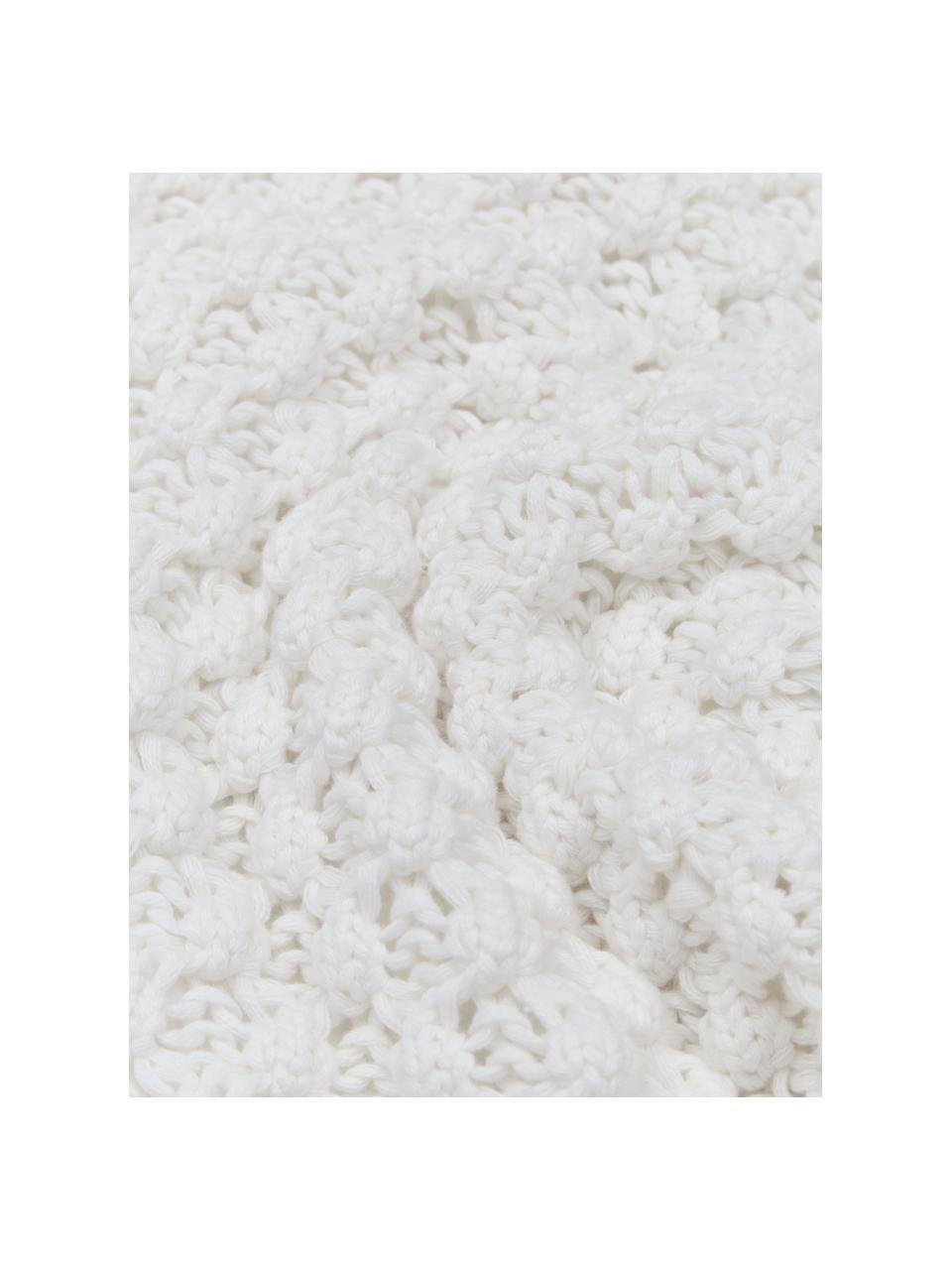 Federa arredo a maglia color bianco con nappe Miri, 100% cotone pettinato, Bianco, Larg. 50 x Lung. 50 cm