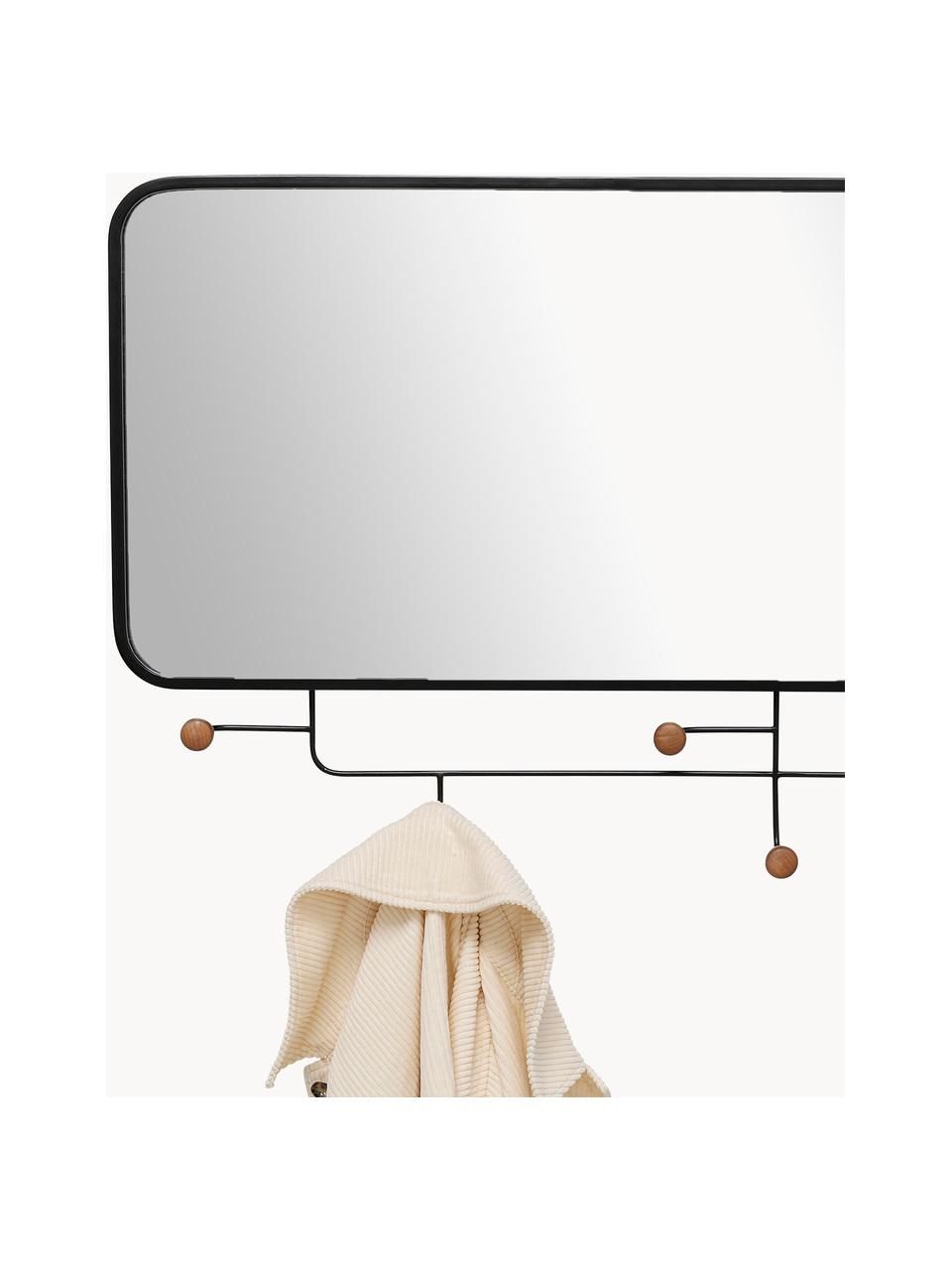 Wandgarderobe Gina mit Spiegel, Gestell: Metall, beschichtet, Spiegelfläche: Spiegelglas, Haken: Tannenholz, lackiert, Schwarz, Tannenholz, B 100 x H 54 cm