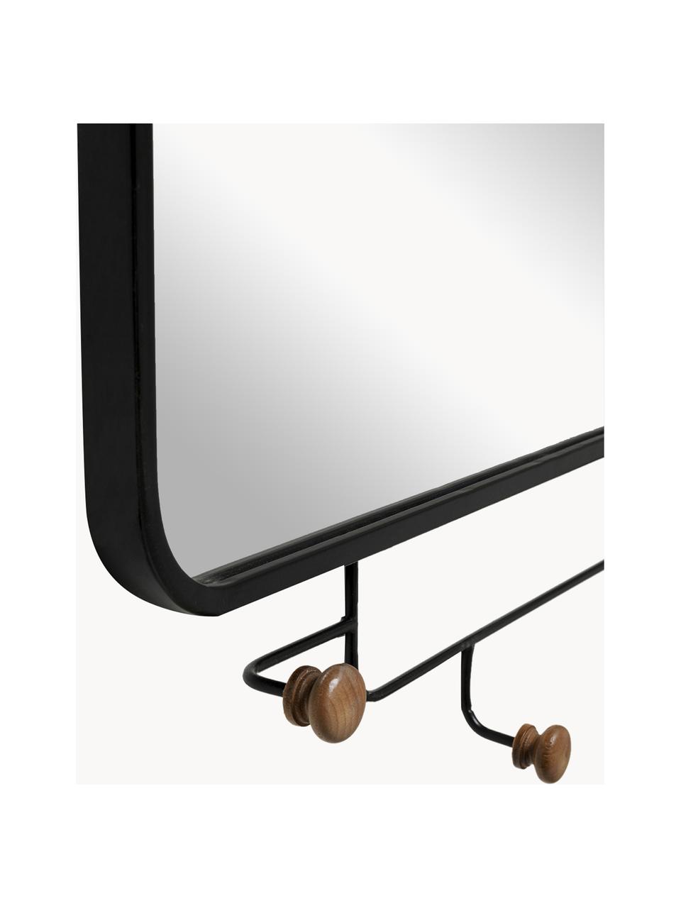 Perchero de pared con espejo Gina, Estructura: metal recubierto, Espejo: cristal, Negro, madera de abeto, An 100 x Al 54 cm
