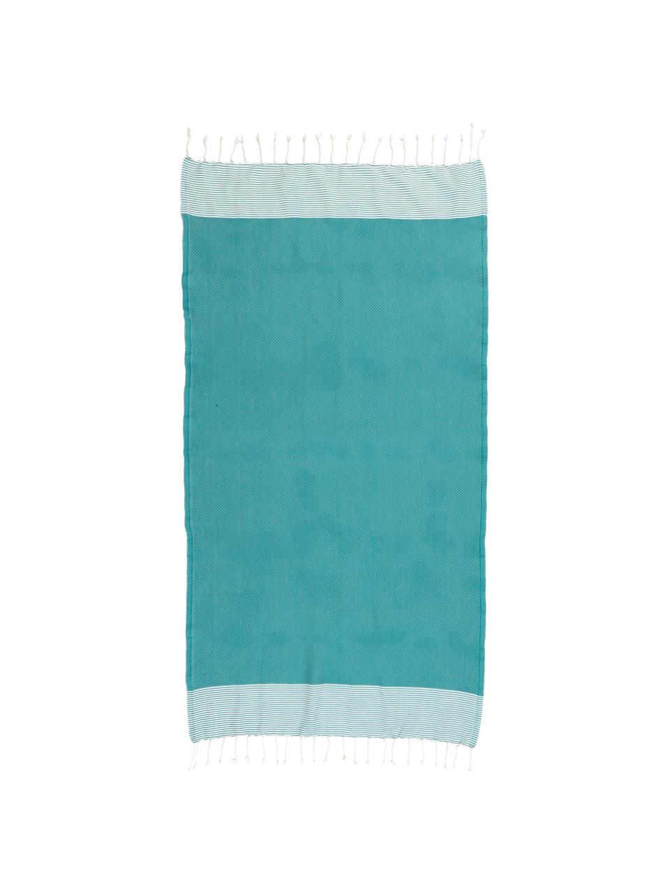 Ręcznik plażowy z frędzlami Ibiza, 100% bawełna,
Bardzo niska gramatura, 200 g/m², Niebieskozielony, biały, D 100 x S 200 cm