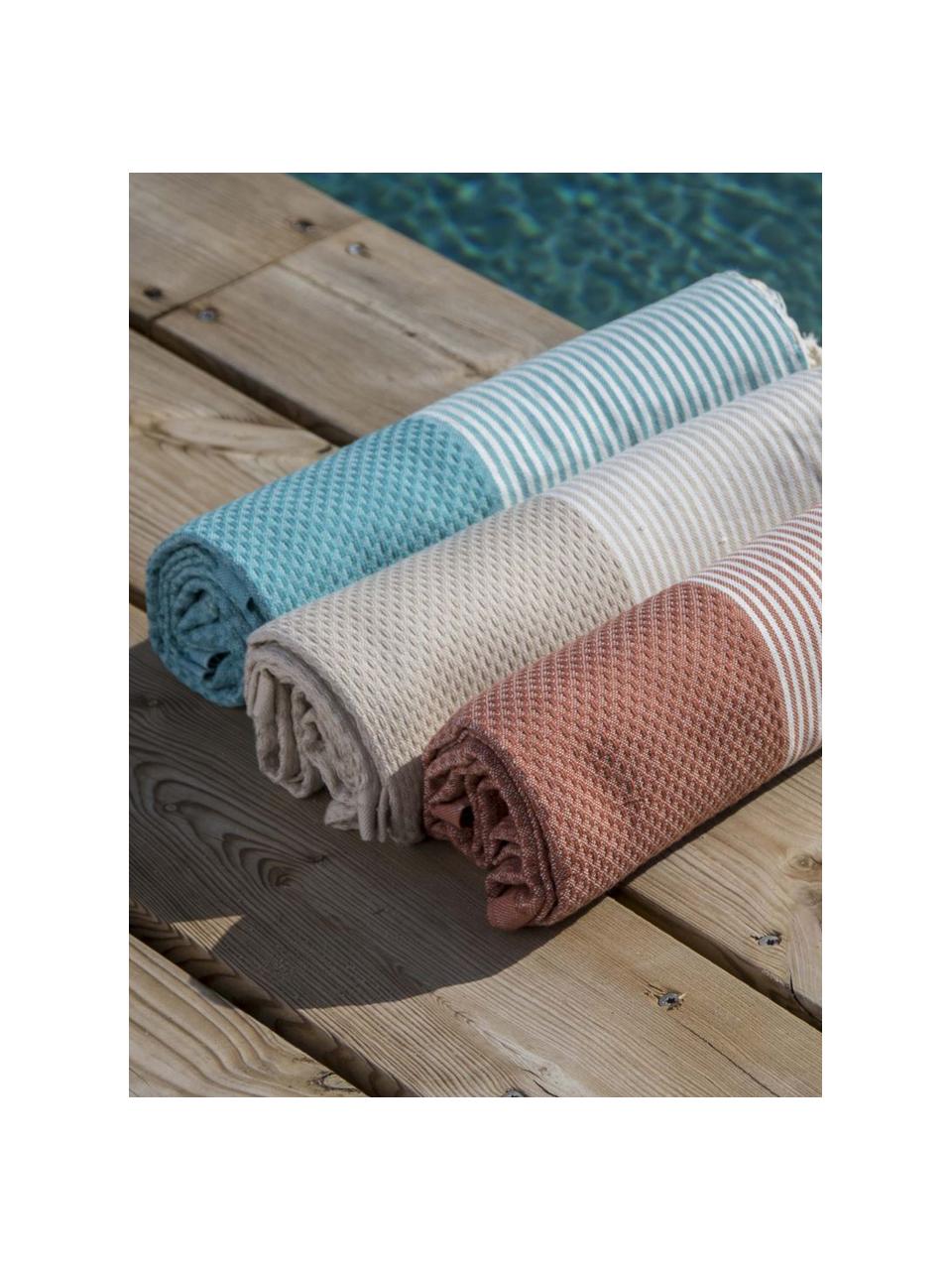 Fouta s třásněmi Ibiza, 100 % bavlna
Velmi nízká gramáž, 200 g/m², Modrozelená, bílá, Š 100 cm, D 200 cm