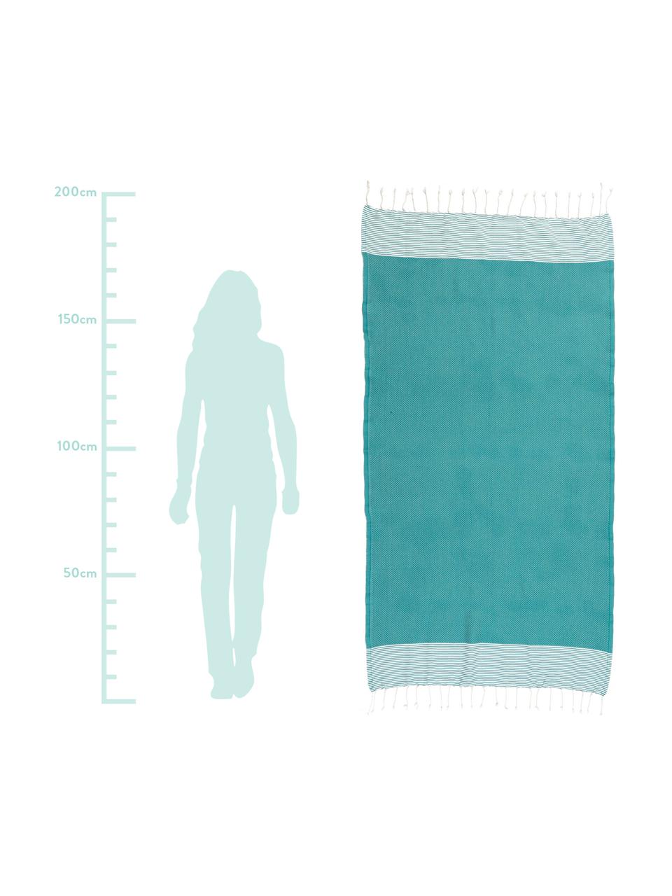 Telo fouta in cotone con frange Ibiza, 100% cotone
Qualità molto leggera, 200 g/m², Blu verde, bianco, Larg. 100 x Lung. 200 cm