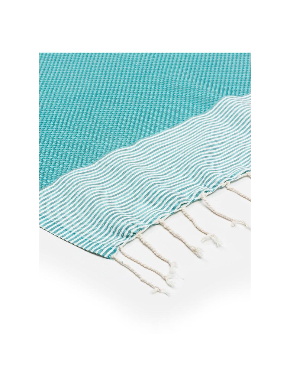 Hamamdoek Ibiza met franjes, 100% katoen,
zeer lichte kwaliteit, 200 g/m², Blauwgroen, wit, B 100 x L 200 cm