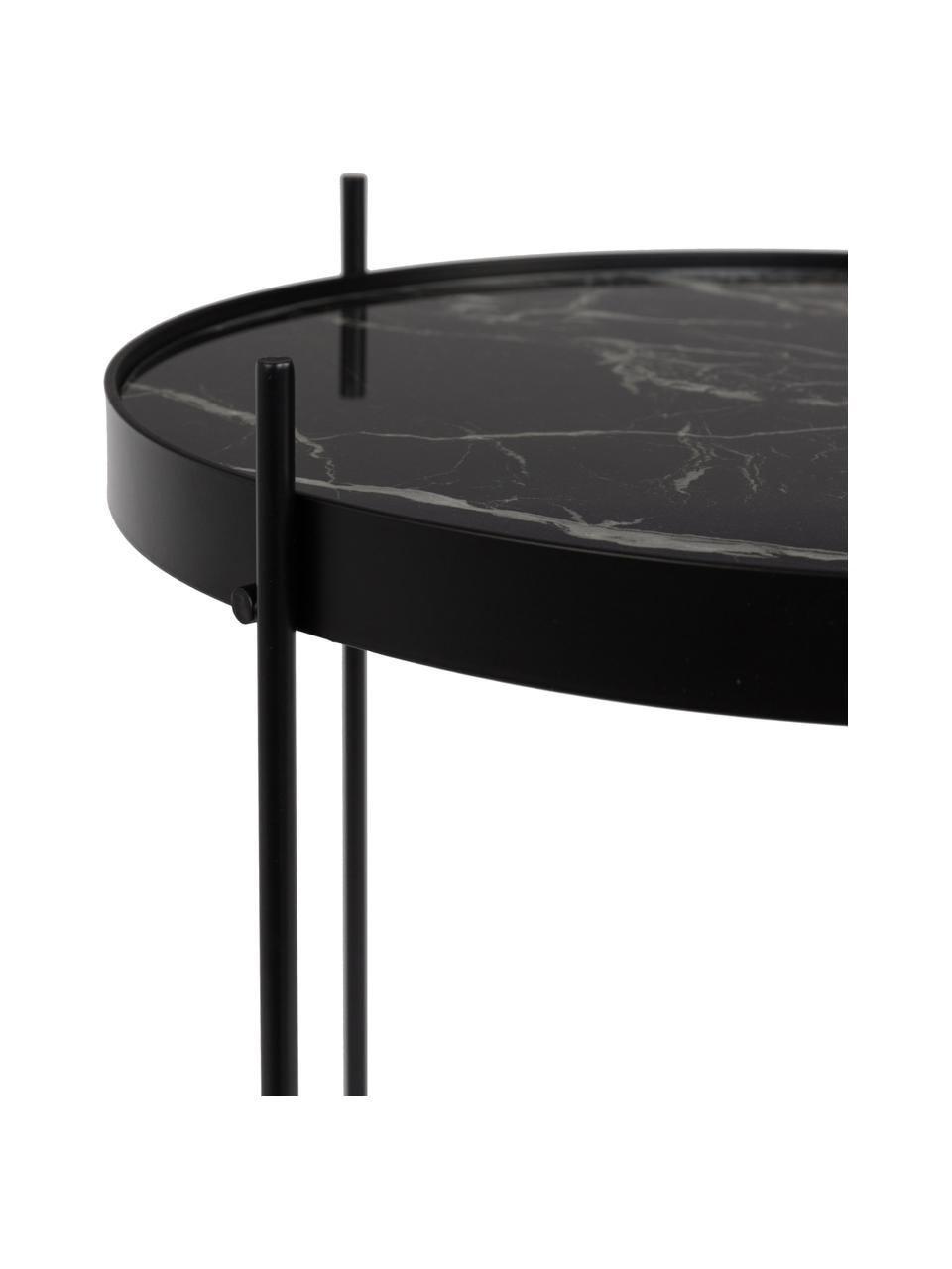 Mesa auxiliar plegable Cupid, tablero de cristal en aspecto mármol, Estructura: metal con pintura en polv, Tablero: vidrio laminado con efect, Mármol negro, Ø 43 x Al 45 cm