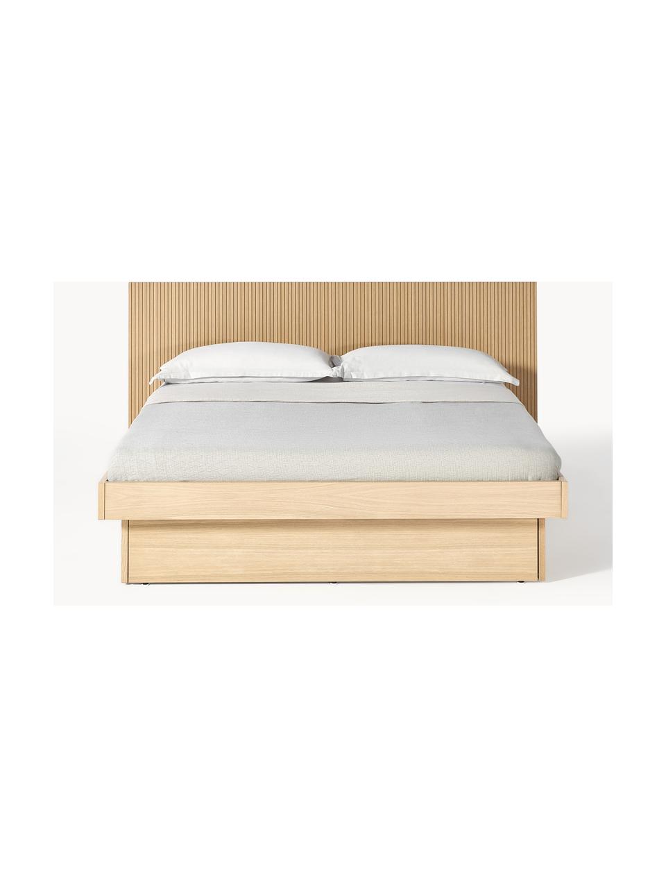 Drevená posteľ s úložným priestorom a čelom Sato, Dubové drevo, Š 140 x D 200 cm