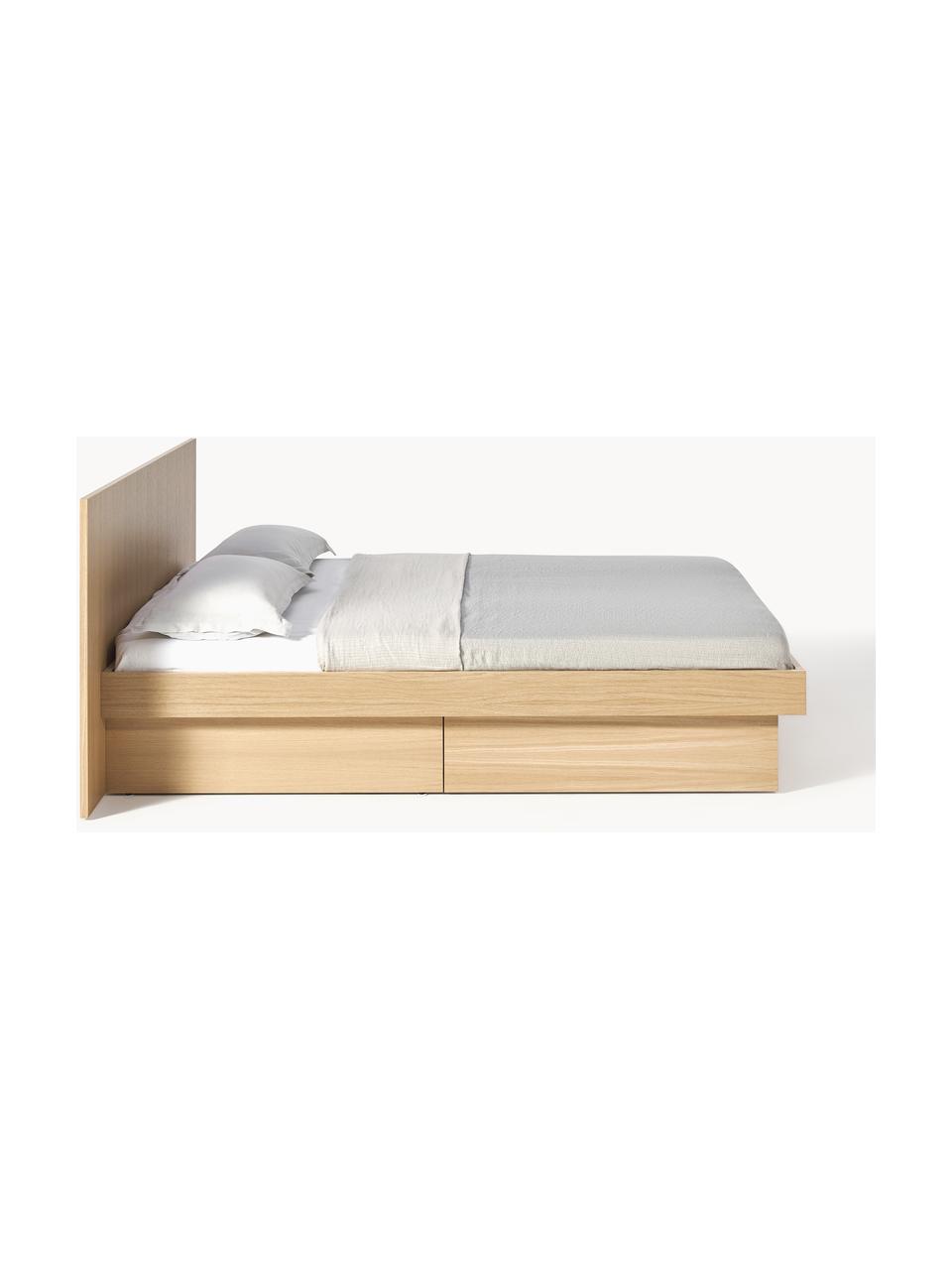 Cama de madera Sato, con espacio de almacenamiento y cabecero, Estructura: tablero de fibra de densi, Madera de roble, An 140 x L 200 cm