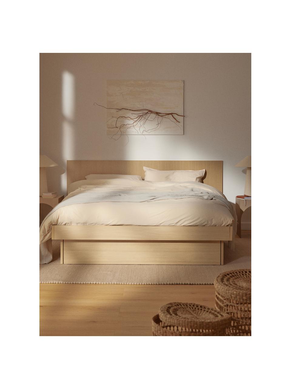 Houten bed Sato met opbergruimte en hoofdeinde, Frame: spaanplaat met eikenfinee, Poten: metaal, kunststof Dit pro, Eikenhout, B 140 x L 200 cm