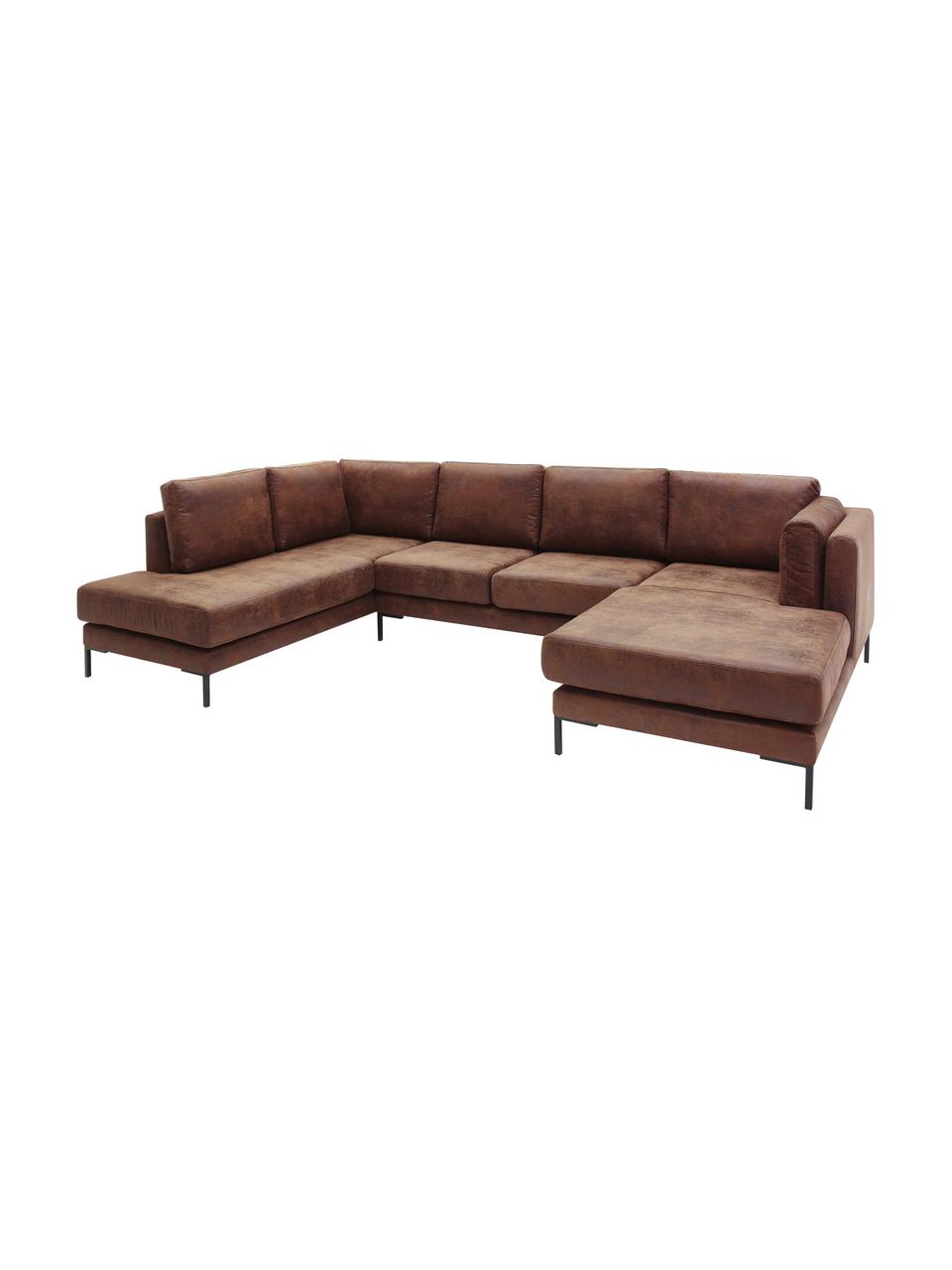 Sofá rinconero grande Seattle, estilo vintage, Tapizado: 100% poliéster, Estructura: madera, aglomerado, Patas: metal recubierto, Marrón, An 242 x F 86 cm, chaise longue derecha