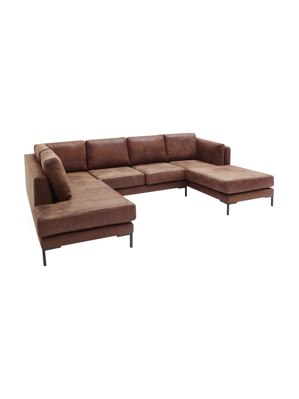 Sofa narożna XXL w stylu vintage Seattle, Tapicerka: 100% poliester, Stelaż: drewno naturalne, płyta w, Nogi: metal powlekany, Brązowy, S 312 x G 86 cm, prawostronna