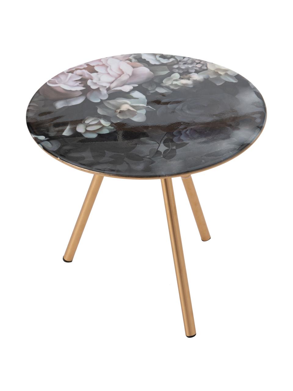 Stolik pomocniczy Rosa, Blat: szkło, Stelaż: drewno naturalne, Czarny, odcienie złotego, wielobarwny, S 41 x G 41 cm