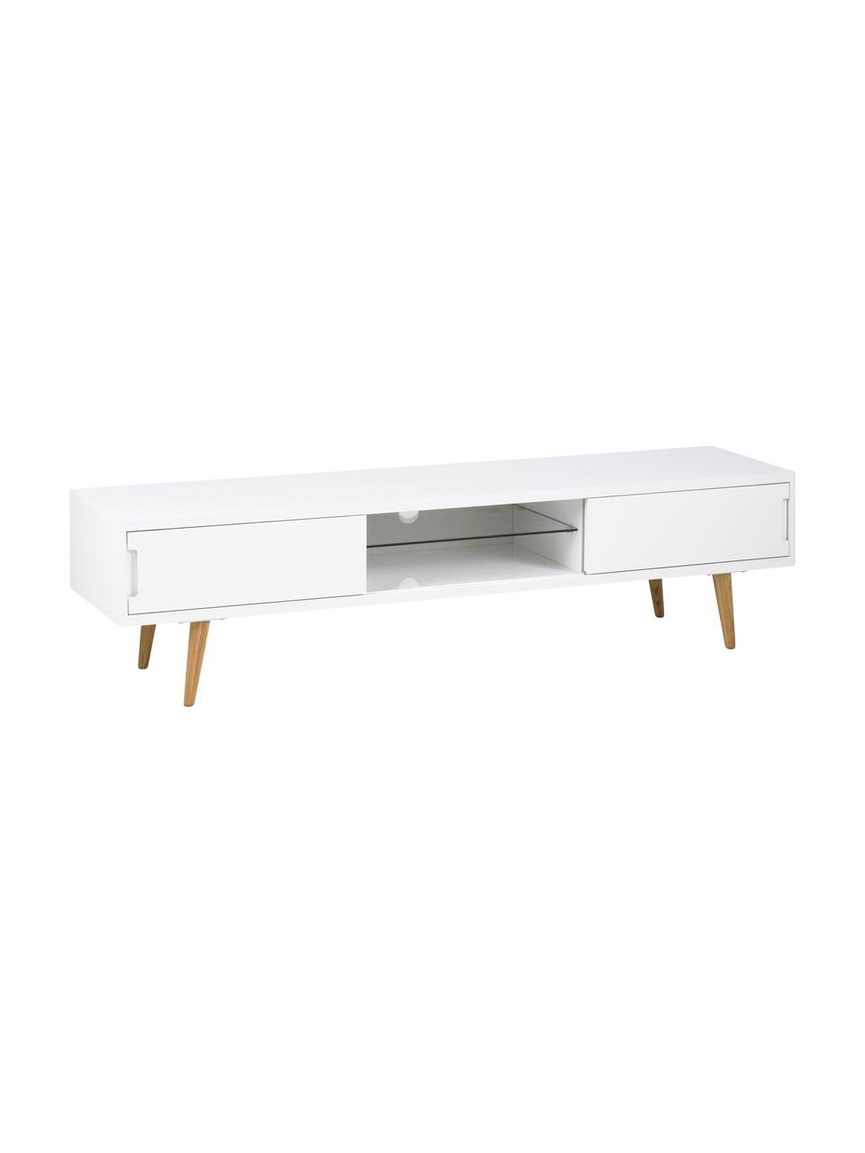 Mobile TV bianco lucido Cassie, Gambe: legno di frassino massicc, Ripiano: vetro, Bianco, marrone, Larg. 180 x Alt. 46 cm