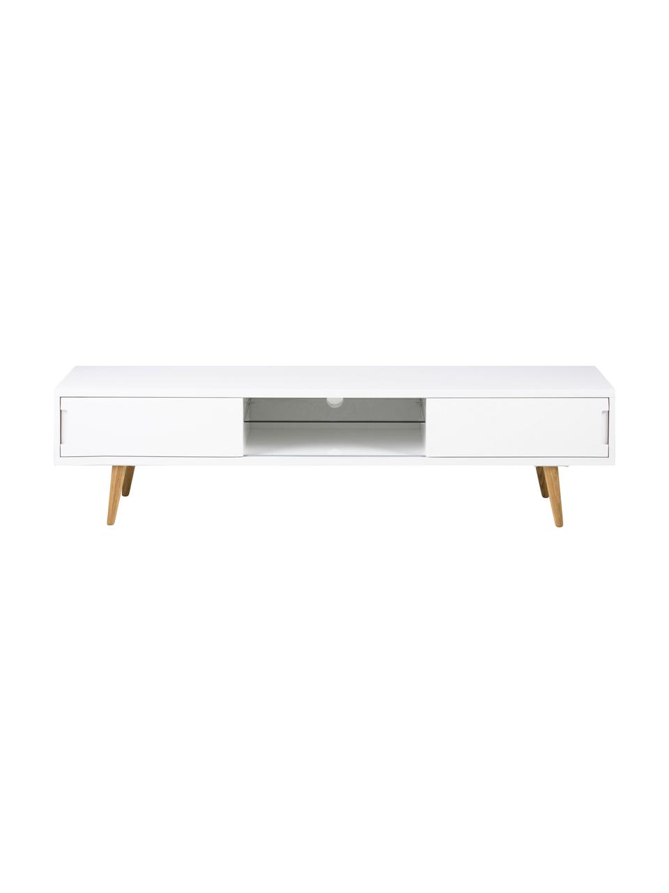 Mobile TV bianco lucido Cassie, Gambe: legno di frassino massicc, Ripiano: vetro, Bianco, marrone, Larg. 180 x Alt. 46 cm