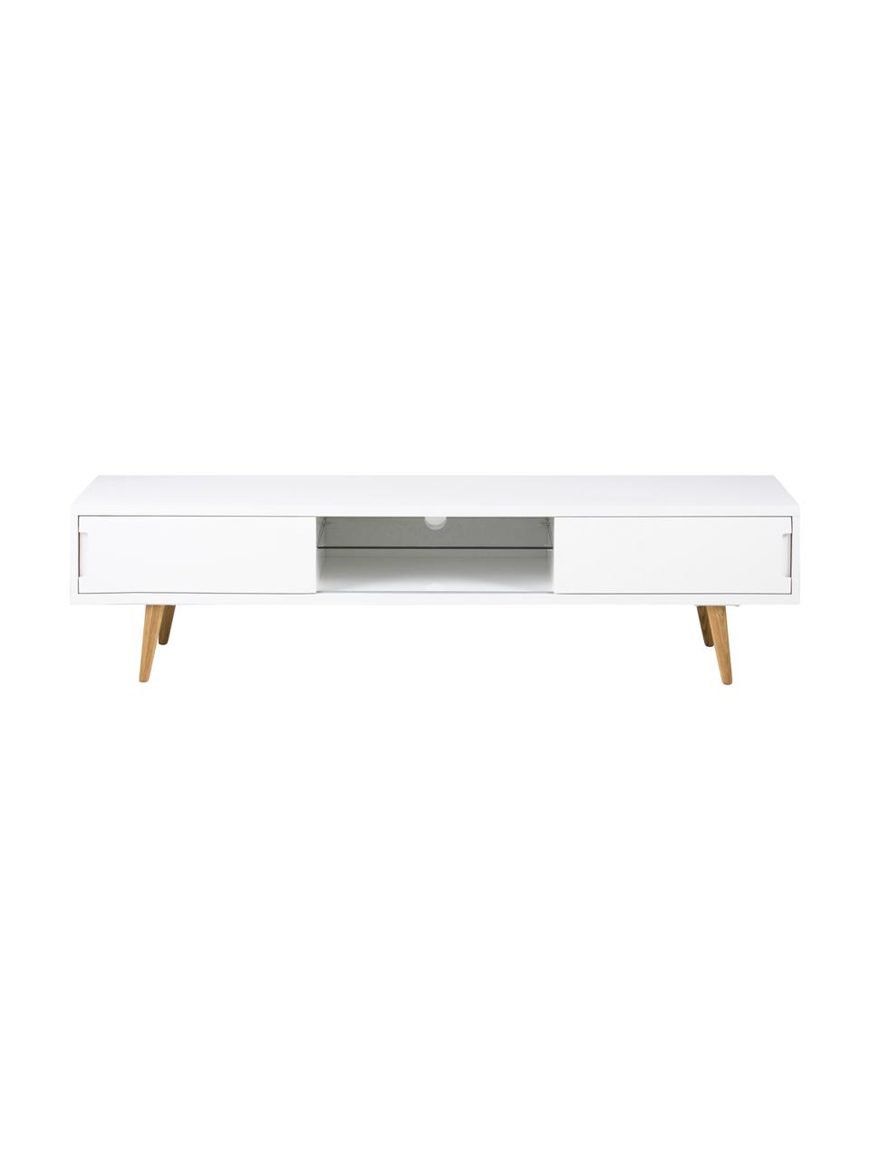 Tv-meubel Cassie in wit hoogglans, Poten: massief en geolied essenh, Plank: glas, Wit, bruin, 180 x 46 cm