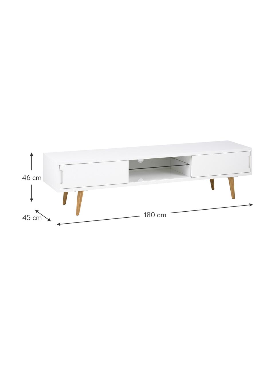 Mobile TV bianco lucido Cassie, Gambe: legno di frassino massicc, Ripiano: vetro, Bianco, marrone, Larg. 180 x Alt. 46 cm