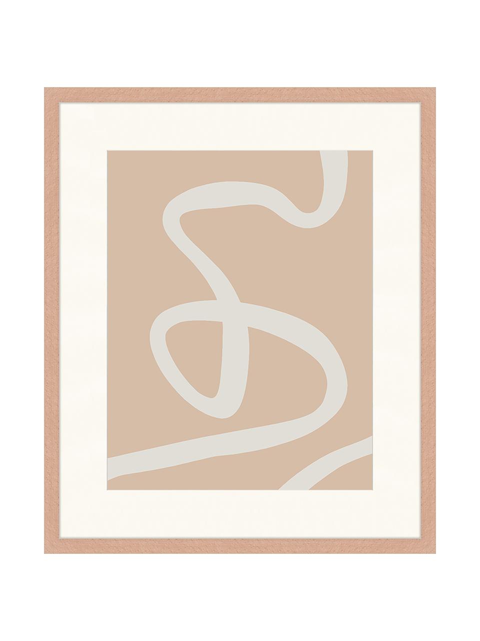 Oprawiony druk cyfrowy Abstract Beige Drawing, Brązowy, biały, S 53 x W 63 cm