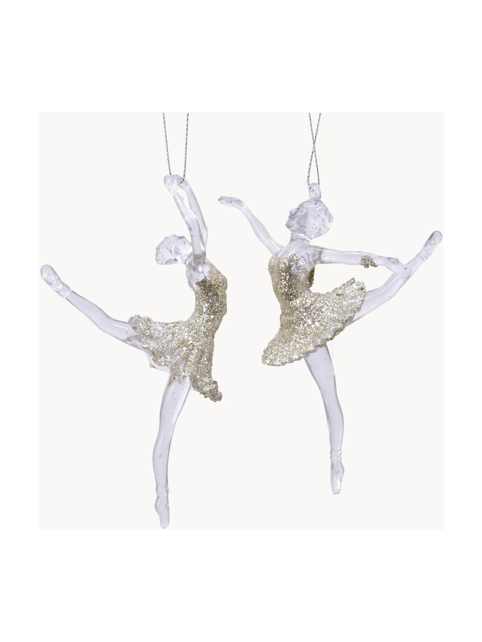 Set 2 addobbi di Natale infrangibili Ballerina, alt. 13 cm, Dorato, bianco, Ø 9 x Alt. 13 cm