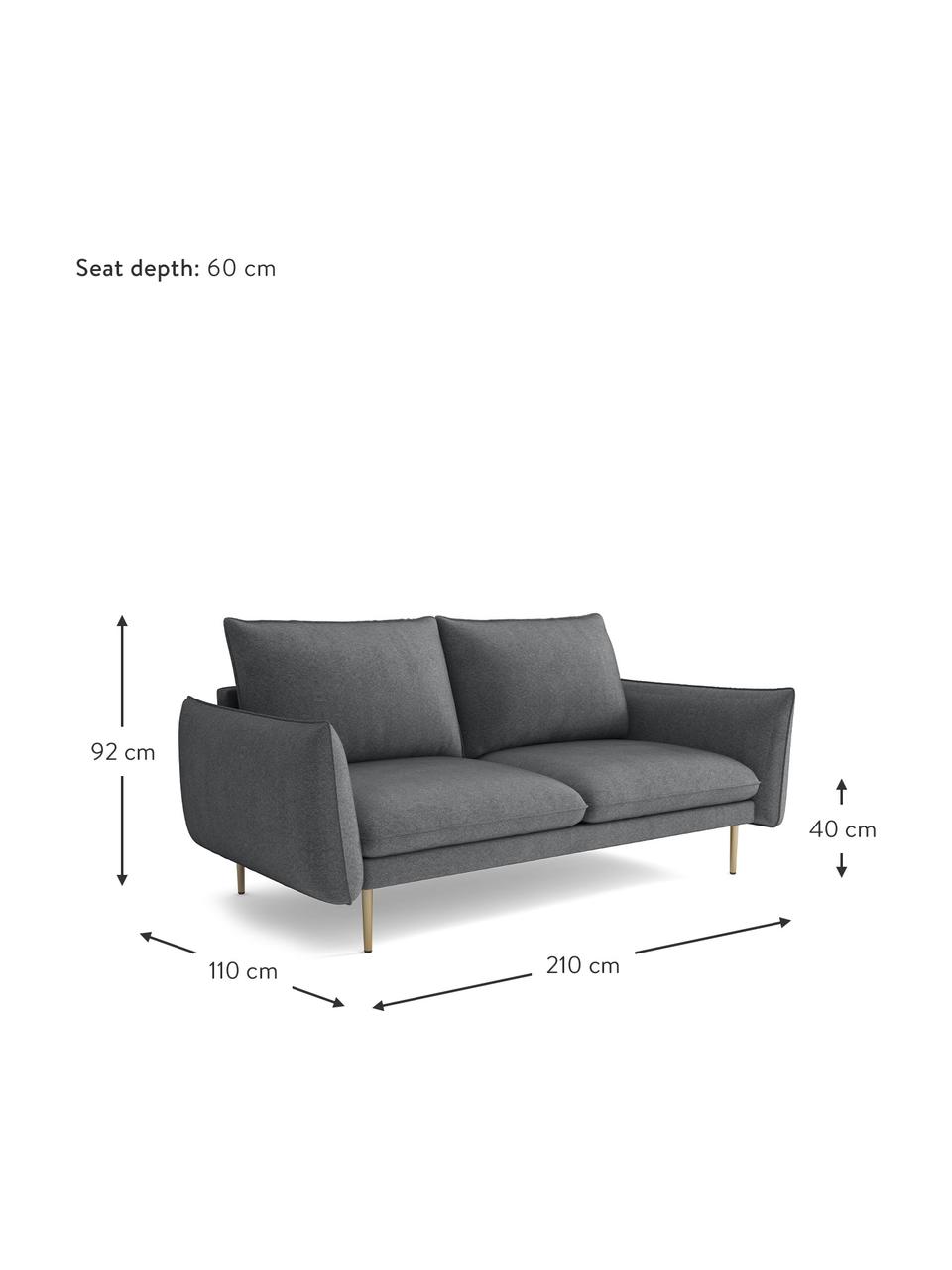 Divano 3 posti in tessuto grigio scuro Largo, Rivestimento: velluto (100% poliestere), Struttura: legno di faggio, truciola, Piedini: metallo verniciato a polv, Tessuto grigio scuro, Larg. 210 x Prof. 110 cm