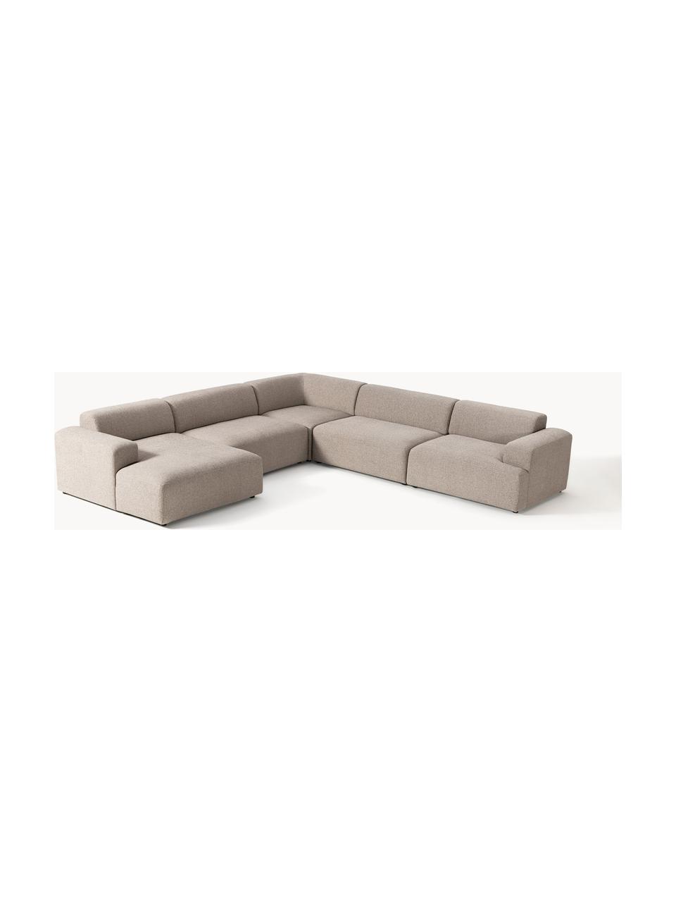 Sofa narożna Melva, Tapicerka: 100% poliester Dzięki tka, Stelaż: lite drewno sosnowe i świ, Nogi: tworzywo sztuczne Ten pro, Greige tkanina, S 339 x G 339 cm, prawostronna