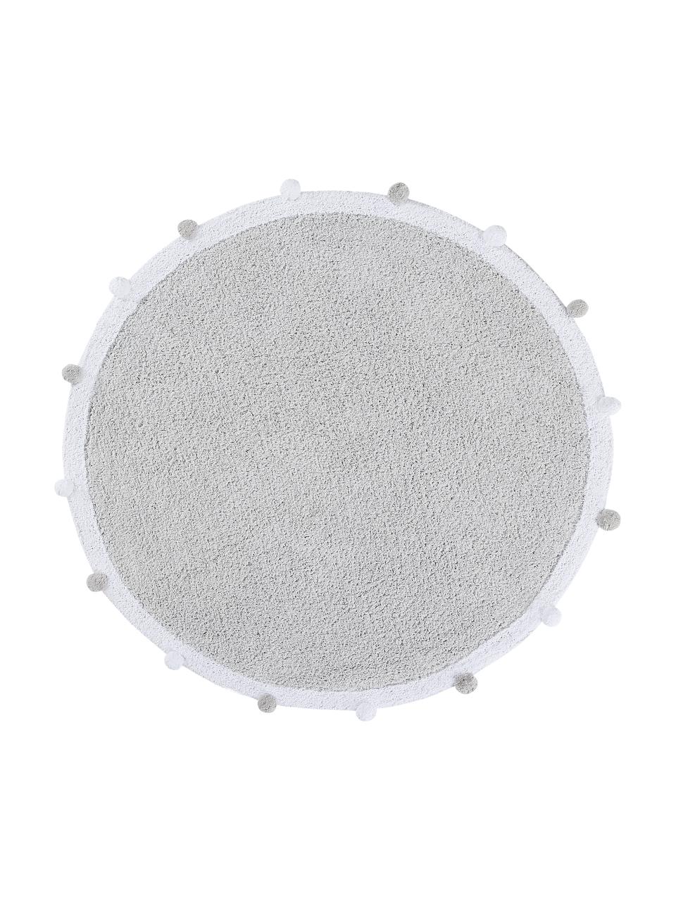 Alfombra redonda artesanal con pomopones Bubbly, Parte superior: 97% algodón reciclado, 3%, Reverso: algodón reciclado, Gris claro, blanco, Ø 120 cm (Tamaño S)