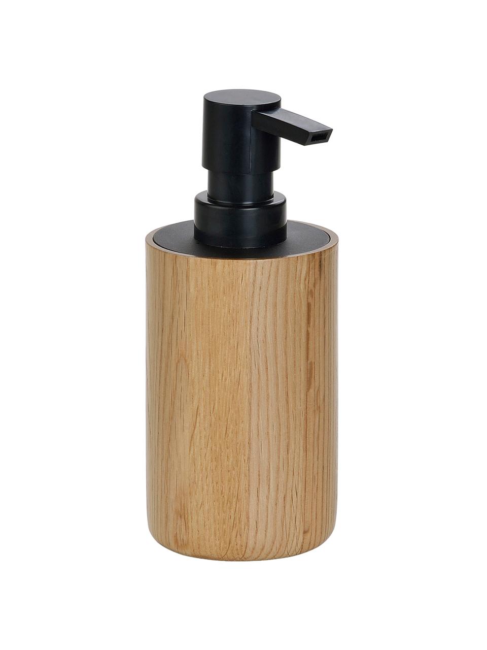 Dosatore per sapone Eir, Contenitore: legno di quercia, Testa della pompa: materiale sintetico, Legno di quercia, nero, Ø 7 x Alt. 17 cm