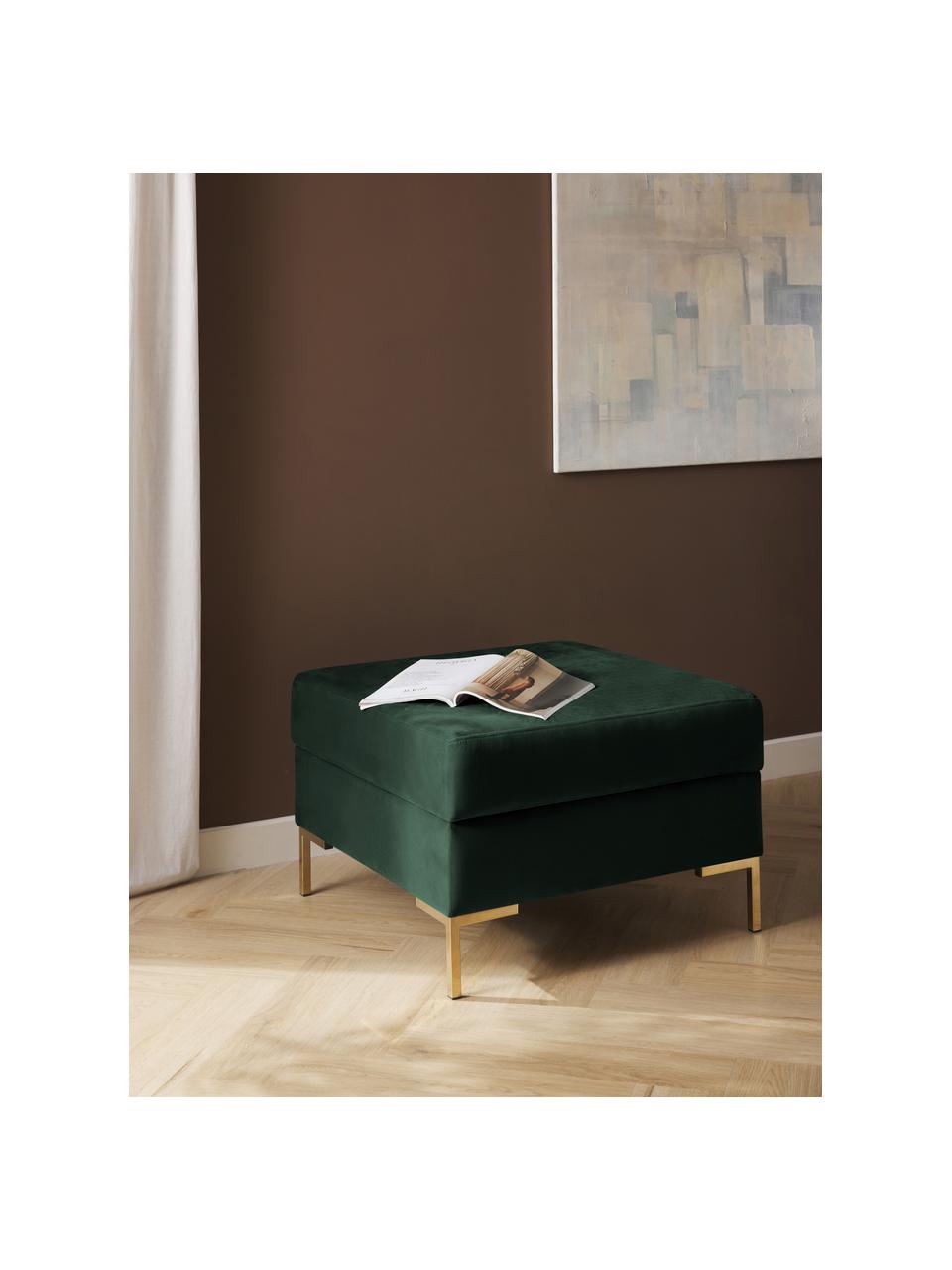 Poggiapiedi in velluto con contenitore Luna, Rivestimento: velluto (100% poliestere), Struttura: legno massiccio di faggio, Velluto verde scuro, dorato, Larg. 77 x Alt. 49 cm