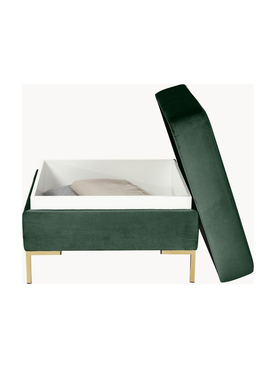 Reposapiés puf de terciopelo Luna, con espacio de almacenamiento, Funda: terciopelo (100% poliéste, Estructura: madera maciza de haya, ma, Patas: metal galvanizado, Terciopelo verde oscuro, dorado, An 77 x Al 49 cm