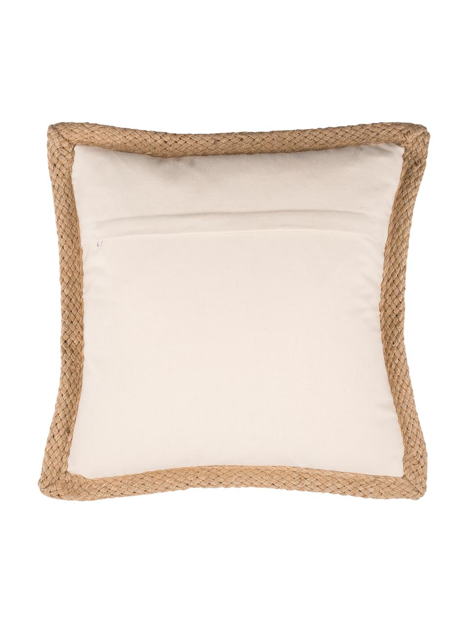 Kussenhoes Tally met juten bies, 50% jute, 50% katoen, Wit, beige, 45 x 45 cm