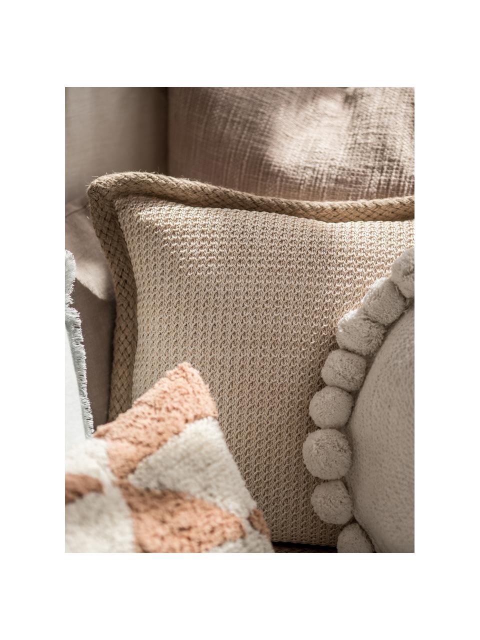 Kussenhoes Tally met juten bies, 50% jute, 50% katoen, Wit, beige, 45 x 45 cm