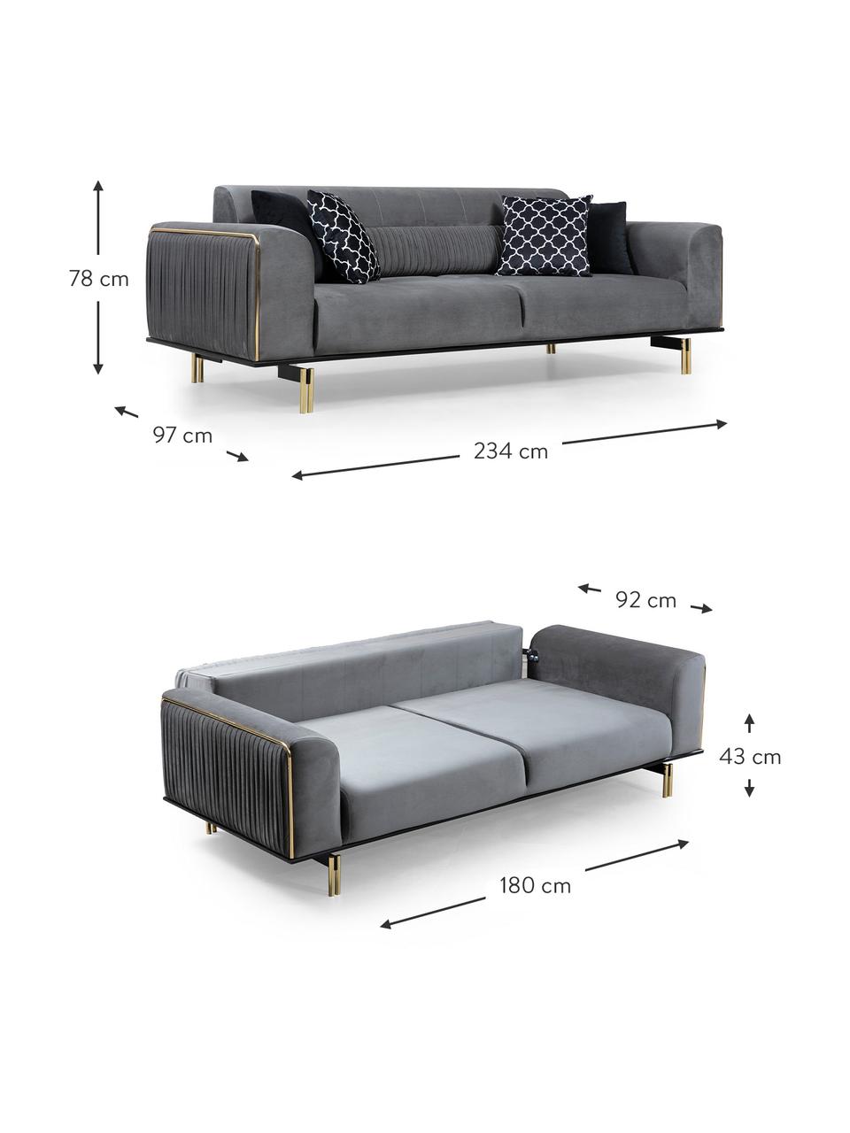 Sofa z aksamitu Daisy (3-osobowa), Tapicerka: 100% aksamit poliestrowy, Szary, czarny, odcienie mosiądzu, S 234 x G 97 cm