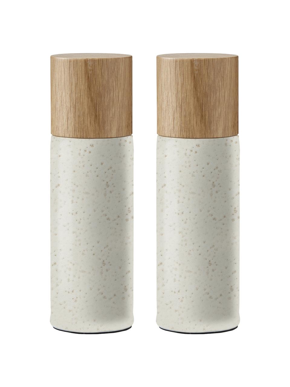 Keramiek zout- en pepermolen Bizz met houten deksel, 2-delig, Deksel: eikenhout, Lichtbeige, eikenhout, Ø 5 x H 17 cm