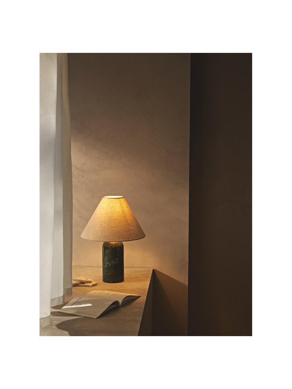 Lámpara de mesa de mármol Gia, Pantalla: 50% lino, 50% poliéster, Cable: cubierto en tela, Beige, mármol verde oscuro, Ø 30 x Al 39 cm