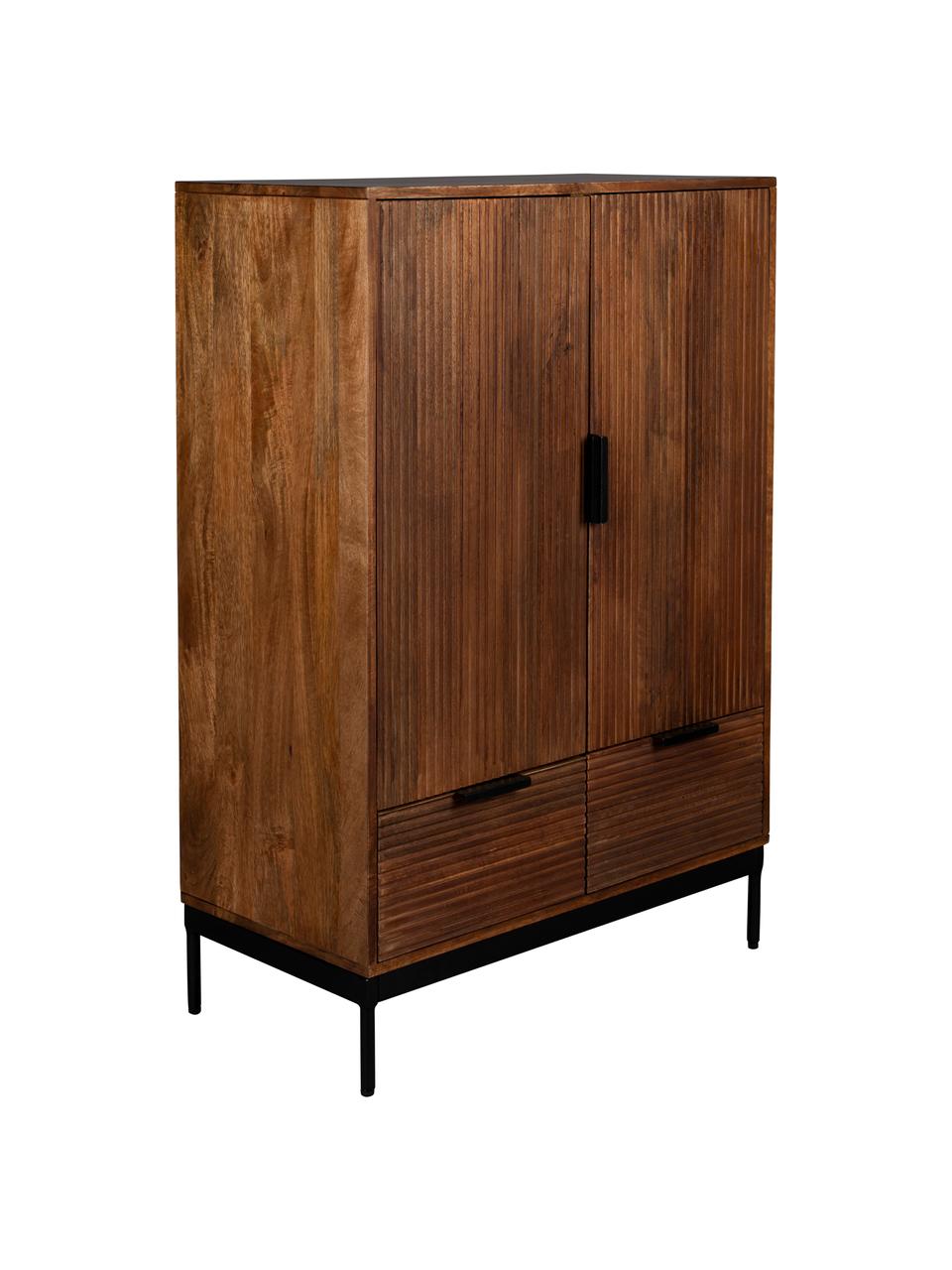 Credenza alta in legno di mango con fronte scanalato Saroo, Struttura: legno di mango laccato, Gambe: metallo rivestito, Legno di mango, Larg. 80 x Alt. 115 cm