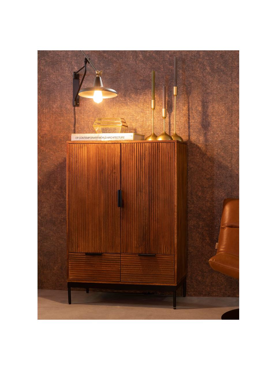 Highboard Saroo aus Mangoholz mit geriffelter Front, Gestell: Mangoholz, lackiert, Beine: Metall, beschichtet, Mangoholz, B 80 x H 115 cm