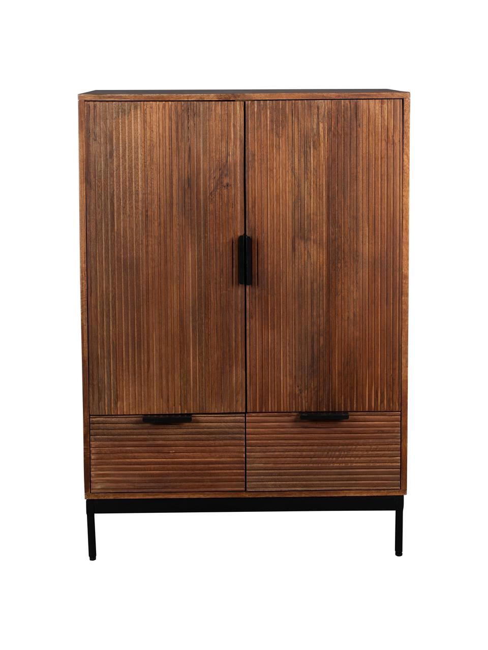 Highboard Saroo van mangohout met geribde voorzijde, Frame: mangohout, gelakt, Poten: gecoat metaal, Mangohout, B 80 cm x H 115 cm