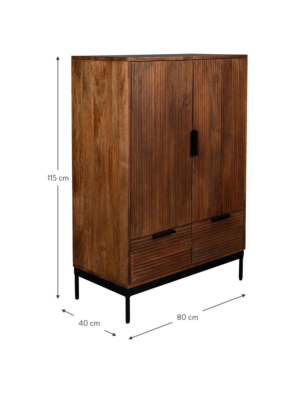 Highboard Saroo aus Mangoholz mit geriffelter Front, Gestell: Mangoholz, lackiert, Beine: Metall, beschichtet, Mangoholz, B 80 x H 115 cm