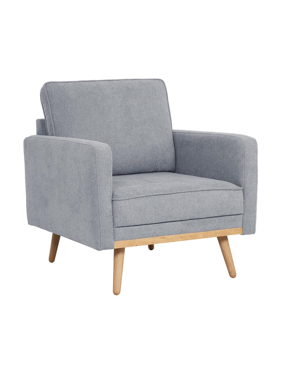 Fauteuil Saint in blauwgrijs met eikenhouten poten, Bekleding: polyester, Frame: massief grenenhout, spaan, Geweven stof blauwgrijs, B 85 x D 76 cm