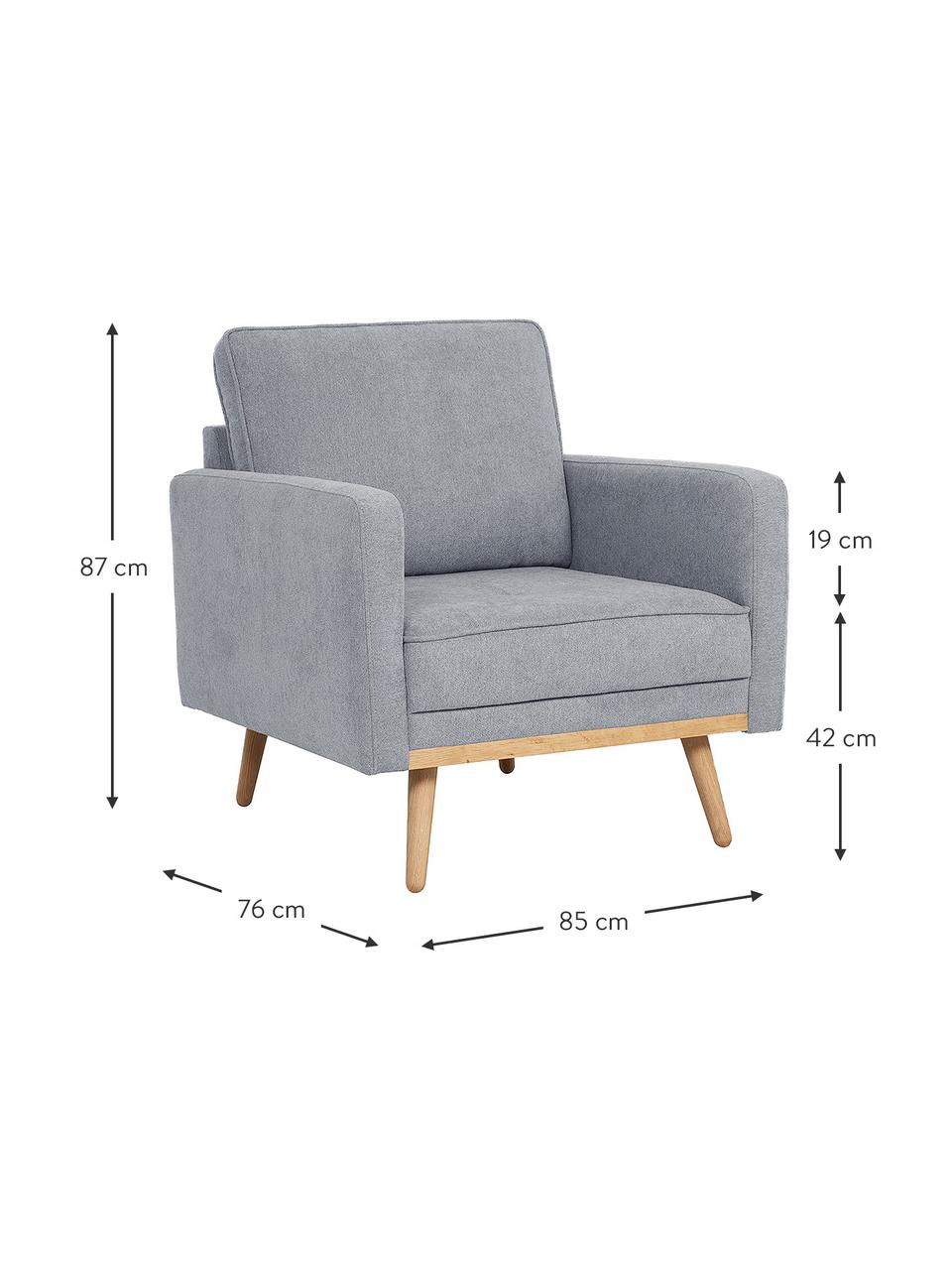 Fauteuil Saint in blauwgrijs met eikenhouten poten, Bekleding: polyester, Frame: massief grenenhout, spaan, Geweven stof blauwgrijs, B 85 x D 76 cm