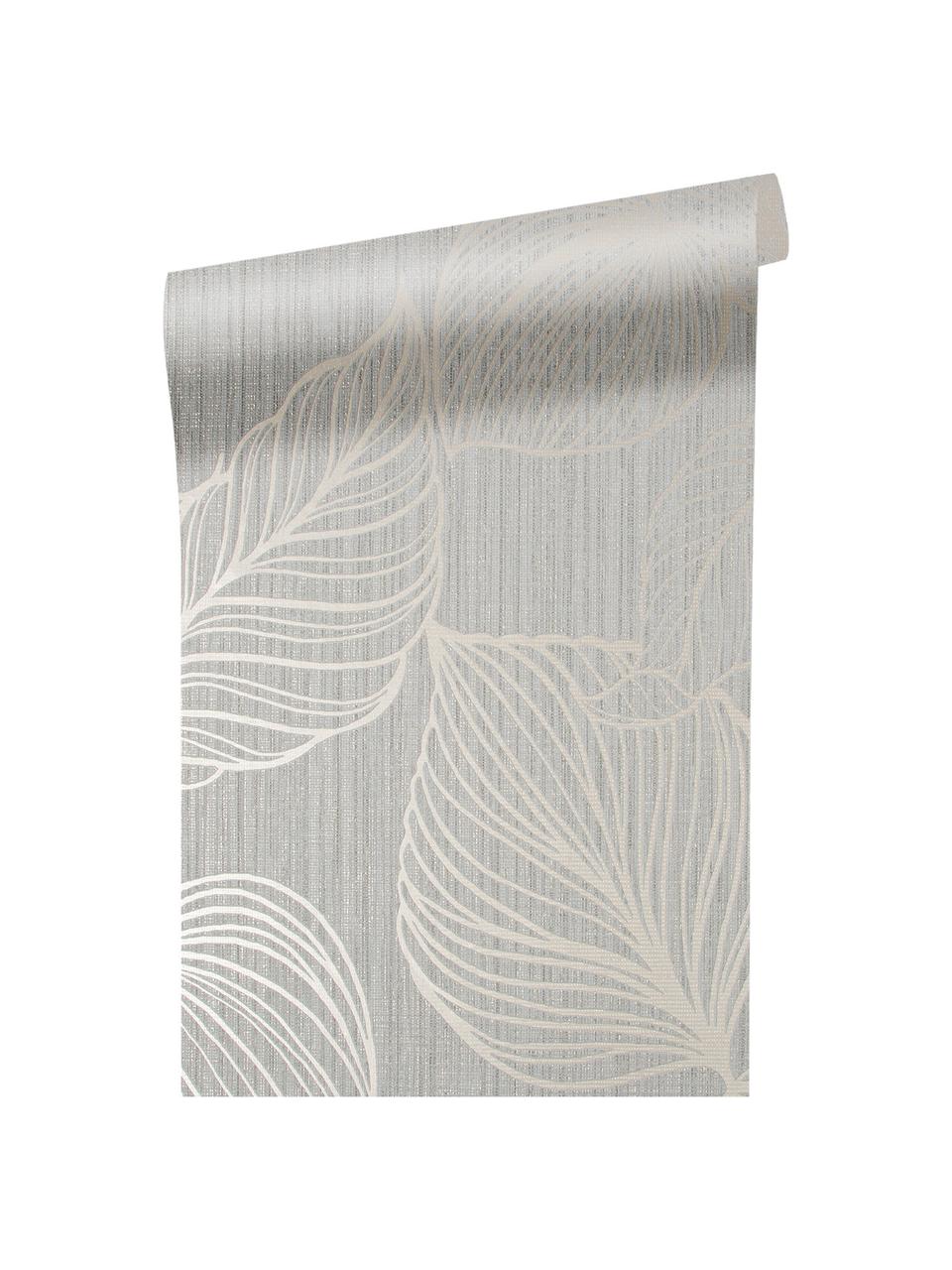 Tapete Luxus Fine Blatter, Vlies, Silberfarben, Grau, 52 x 1005 cm