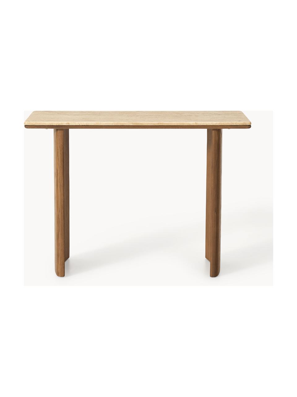 Console en chêne avec plateau en travertin Chandler, Bois de chêne, beige travertin, larg. 110 x haut. 80 cm