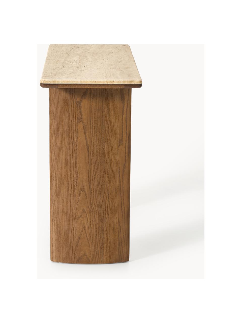 Console en chêne avec plateau en travertin Chandler, Bois de chêne, beige travertin, larg. 110 x haut. 80 cm