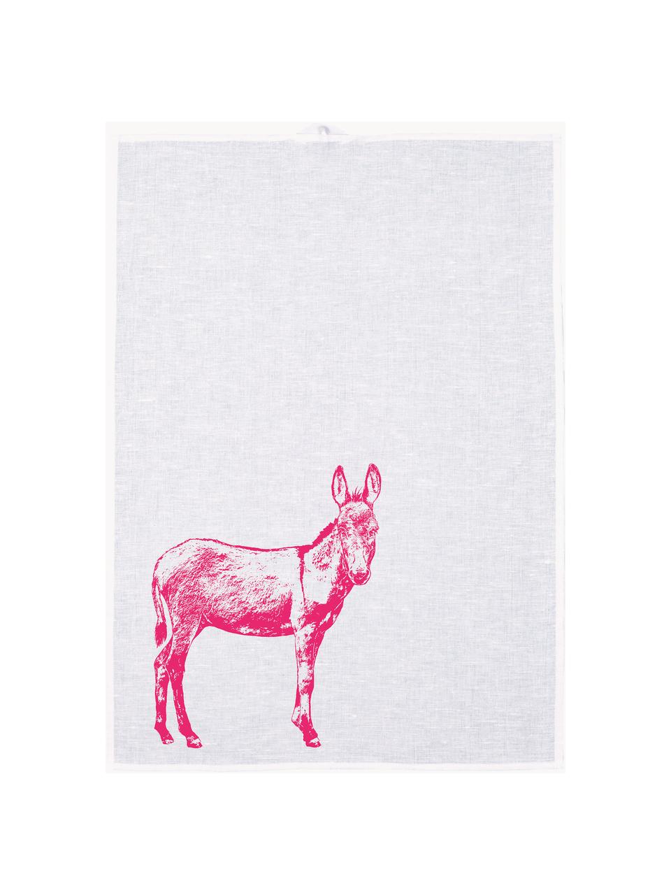 Torchon sérigraphié à la main Donkey, 52 % lin, 48 % coton, Blanc, rose, larg. 50 x long. 70 cm