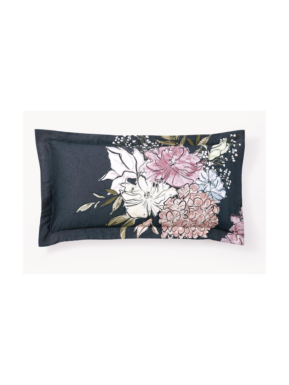 Povlak na polštář z bavlněného saténu s květinovým potiskem Sakura, Tmavě modrá, světle béžová, Š 40 cm, D 80 cm