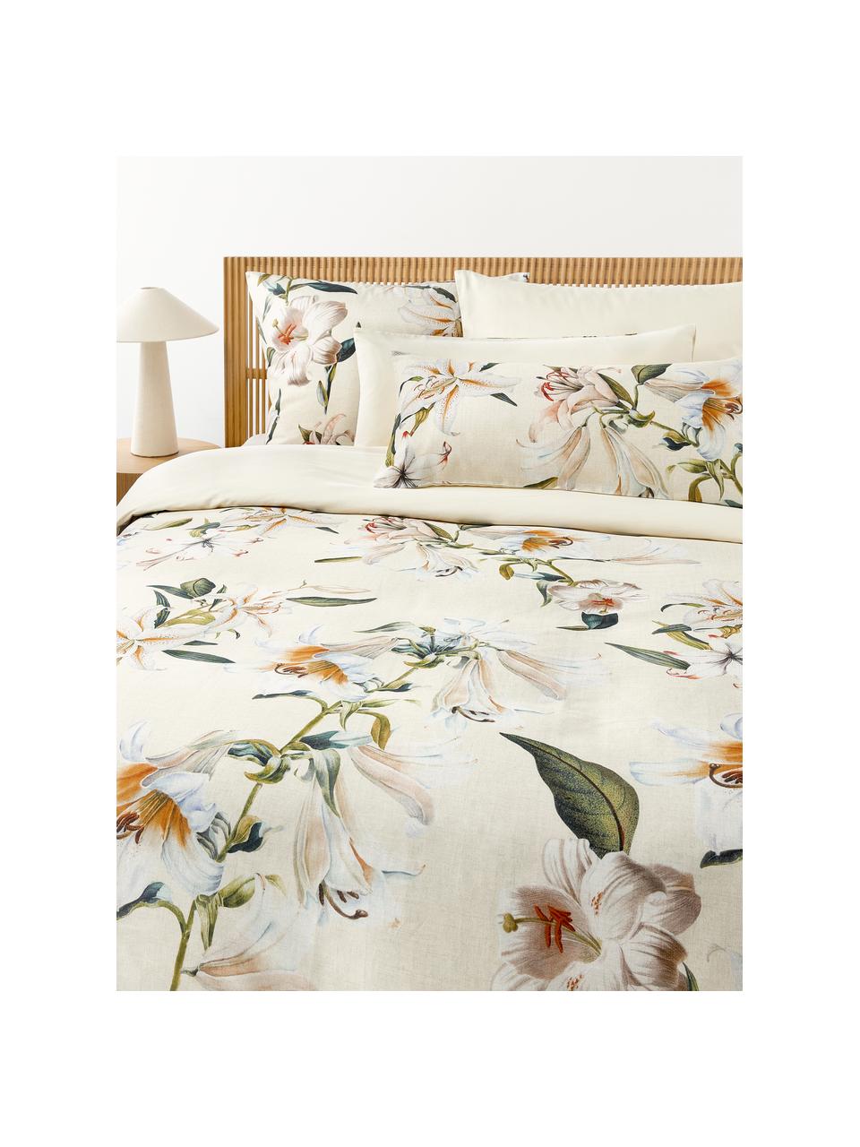 Funda de almohada de satén con estampado floral Flori, Beige claro, multicolor, An 45 x L 110 cm