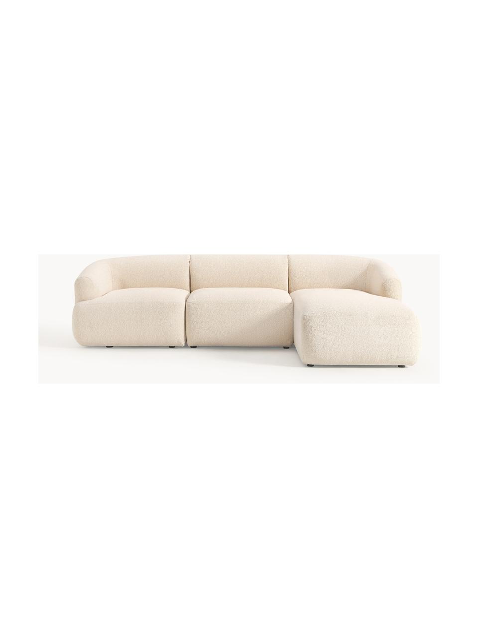 Sofá rinconera modular en tejido bouclé Sofia (3 plazas), Tapizado: tejido bouclé (100% polié, Estructura: madera de abeto, tablero , Patas: plástico Este producto es, Bouclé beige claro, An 277 x F 185 cm, chaise longue derecha