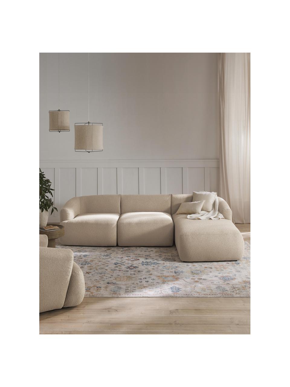 Canapé d'angle modulable 3 places en tissu bouclé Sofia, Bouclé beige clair, larg. 272 x prof. 160 cm, méridienne à droite