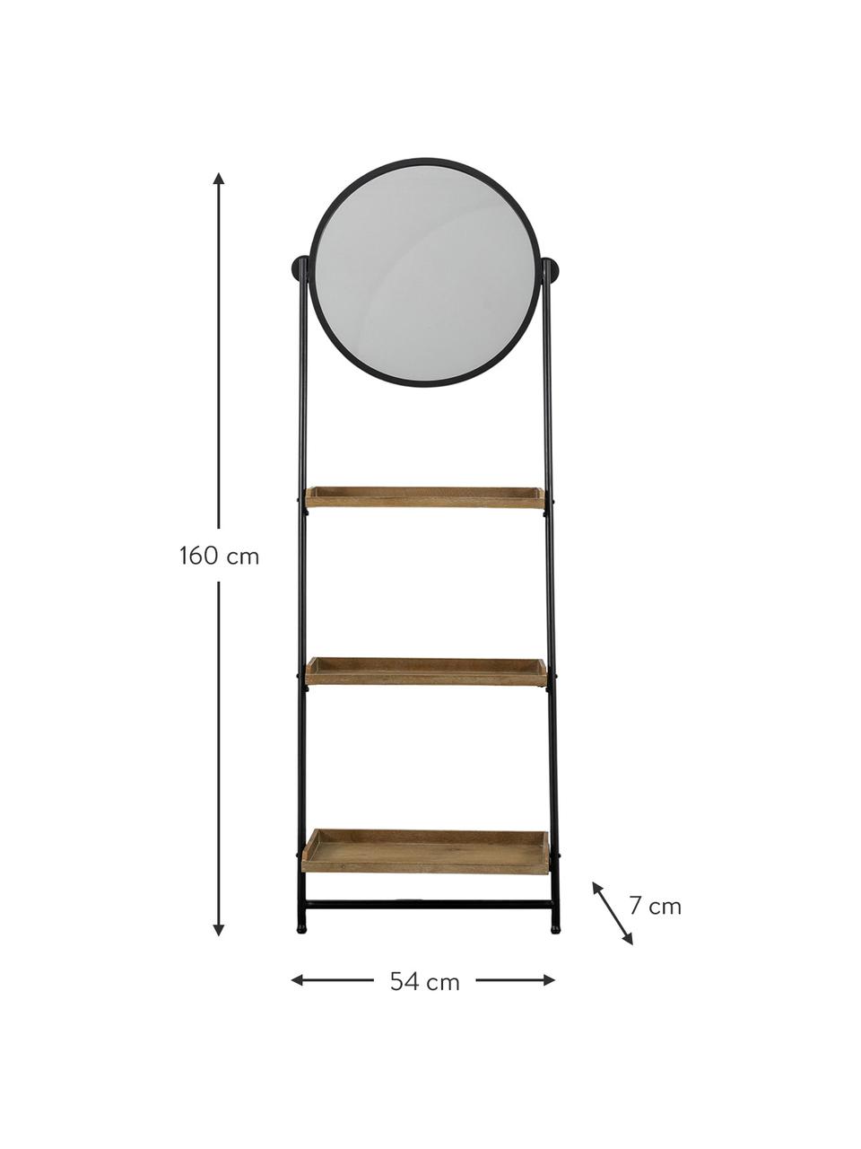 Estantería escalera con espejo Picoli, Estructura: metal con pintura en polv, Estantes: tablero de fibras de dens, Espejo: vidrio, Negro, madera, An 54 x Al 160 cm