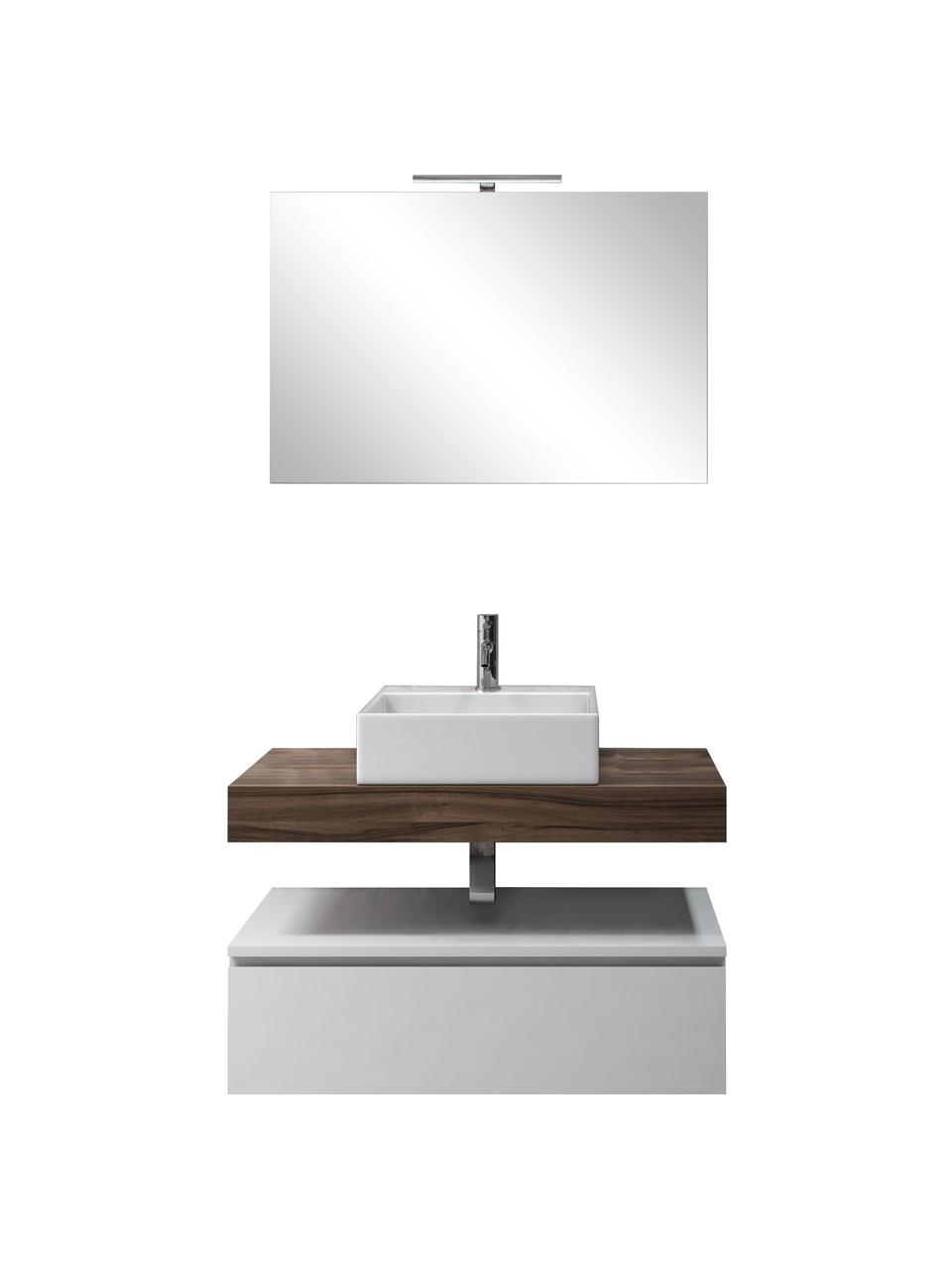 Set salle de bains avec vasque Yoka, 5 élém., Blanc, aspect bois de noyer, Lot tailles variées